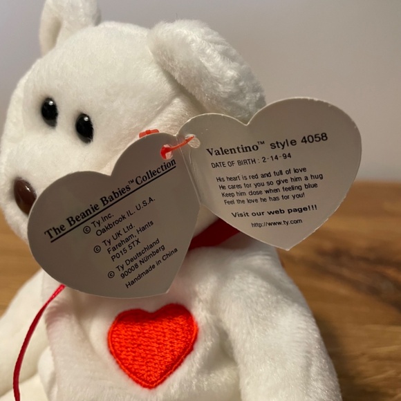 Ty Beanie Babies Valentino Bear White Red Heart 1994 – New Tag Protector VINTAGE - Picture 5 of 10
